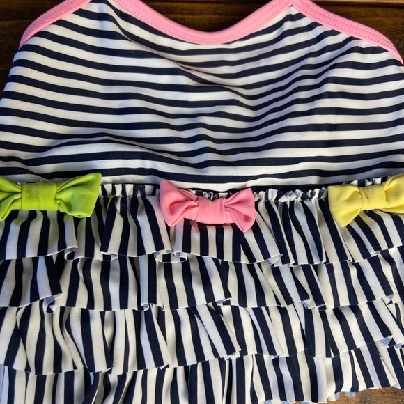 Kate Mack Striped Swimsuit with Bows 12M, Pink Straps, suit is White and Navy - Picture 3 of 7